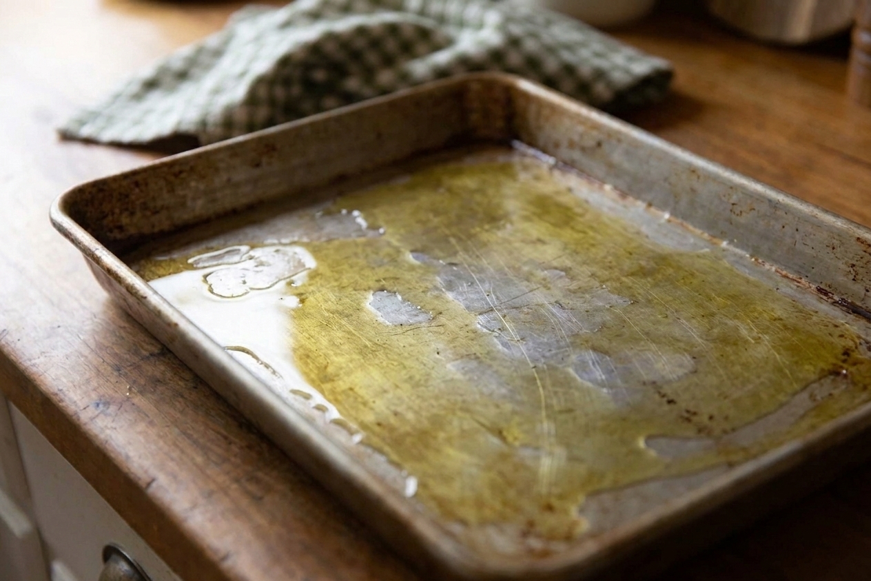 A 9x13 inch metal baking pan with a visible sheen of olive oil across the bottom