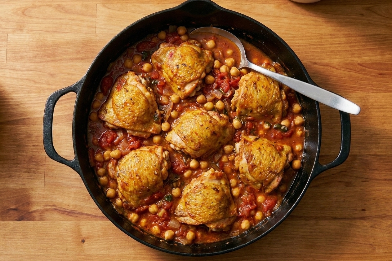 A Dutch oven filled with chicken thighs simmering in a chunky tomato and chickpea stew