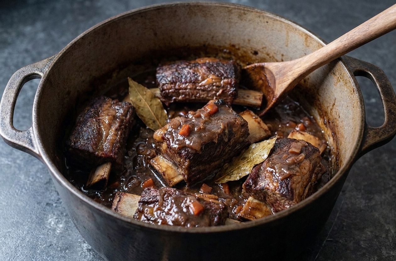 A Dutch oven of braised short ribs resting on a kitchen counter as the sauce cools, with bay leaves visible