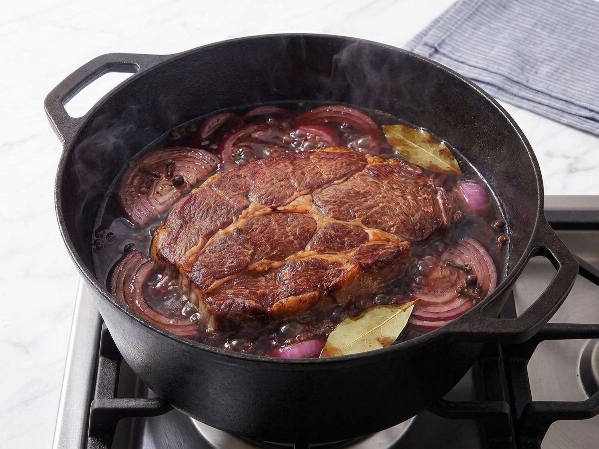 A Dutch oven on a stove with a tangy braising liquid gently simmering around a beef roast and onions
