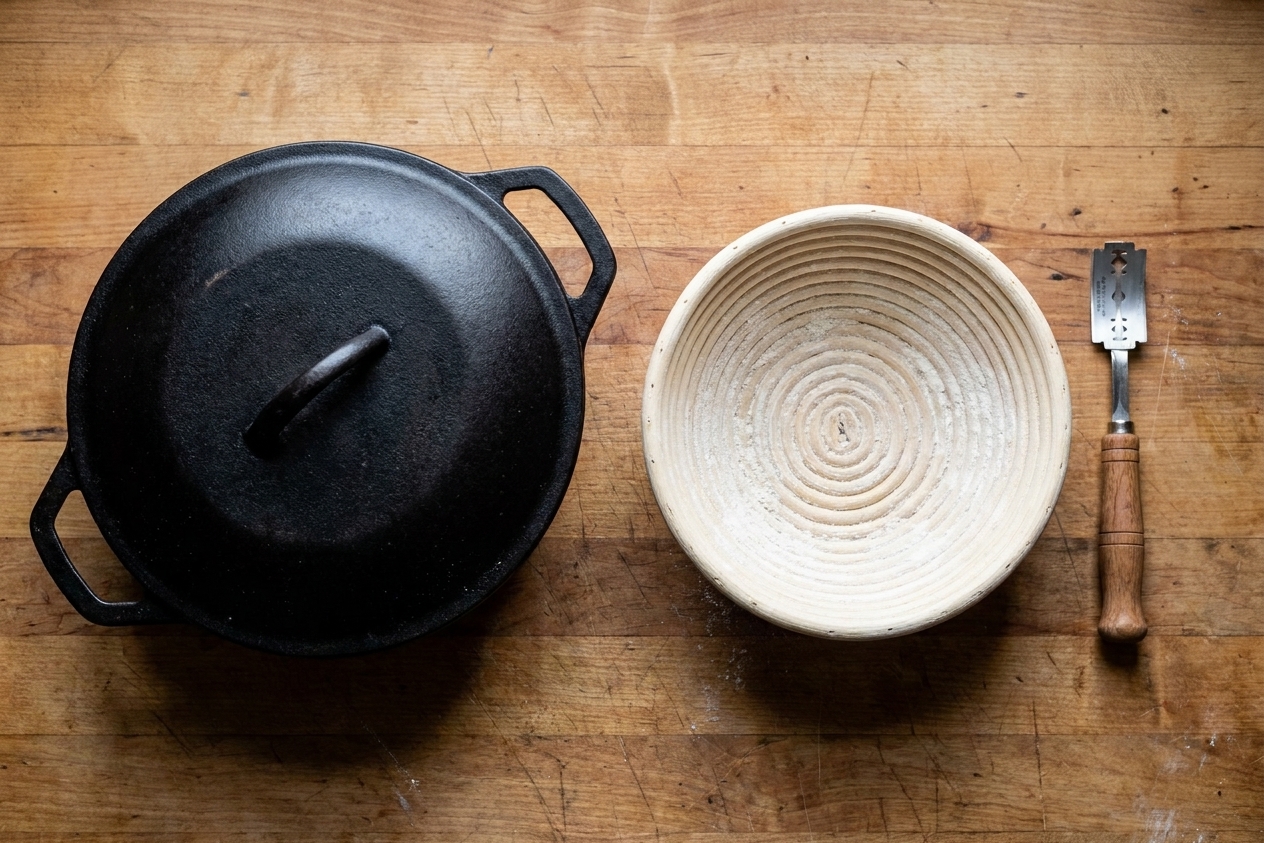 A Dutch oven with lid next to a banneton and a bread lame on a wooden countertop