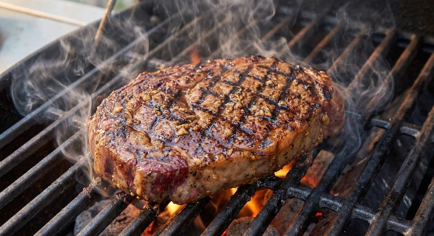 A London broil steak searing on hot grill grates with visible char marks