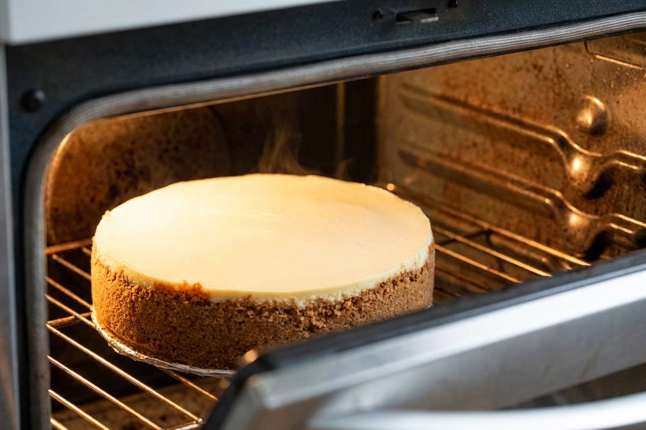 A baked cheesecake resting in an open oven with the door cracked, showing a smooth top and a springform pan