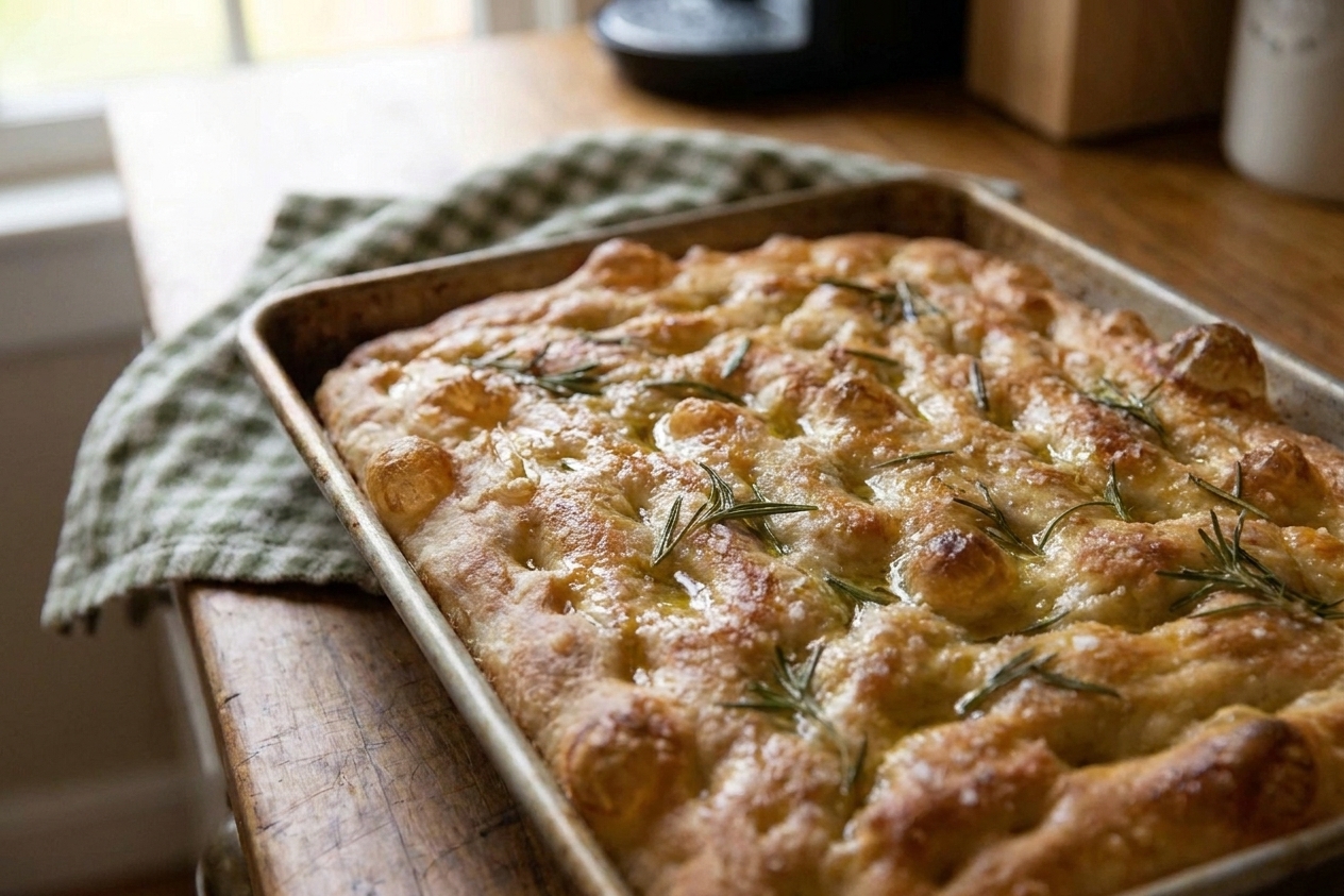 A baked focaccia topped with rosemary needles and flaky salt crystals