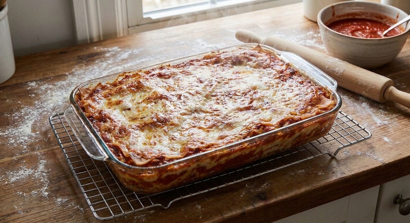A baked lasagna in a glass baking dish resting on a wire cooling rack with steam fading