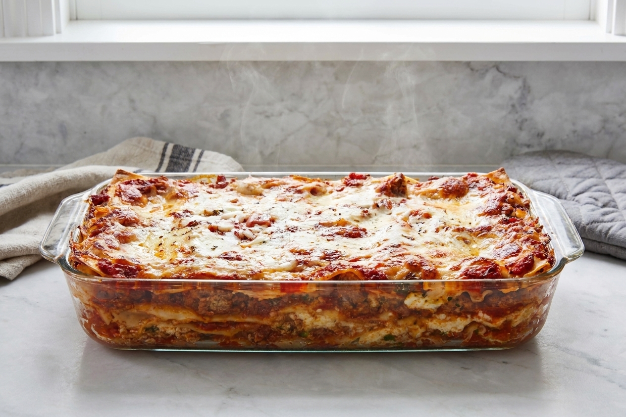 A baked lasagna in a glass baking dish with browned mozzarella on top, just out of the oven