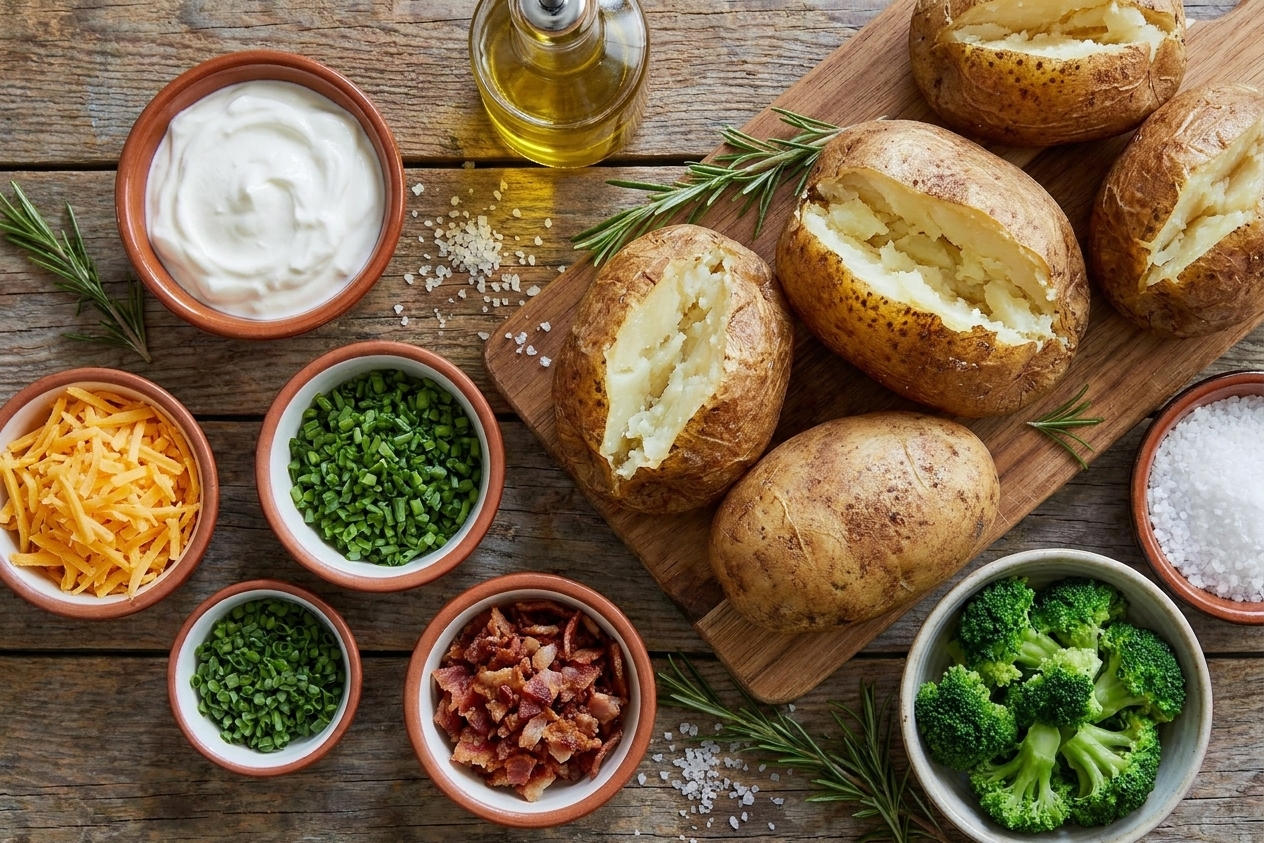 A baked potato bar setup on a wooden table with bowls of sour cream, shredded cheese, chopped chives, bacon bits, and steamed broccoli