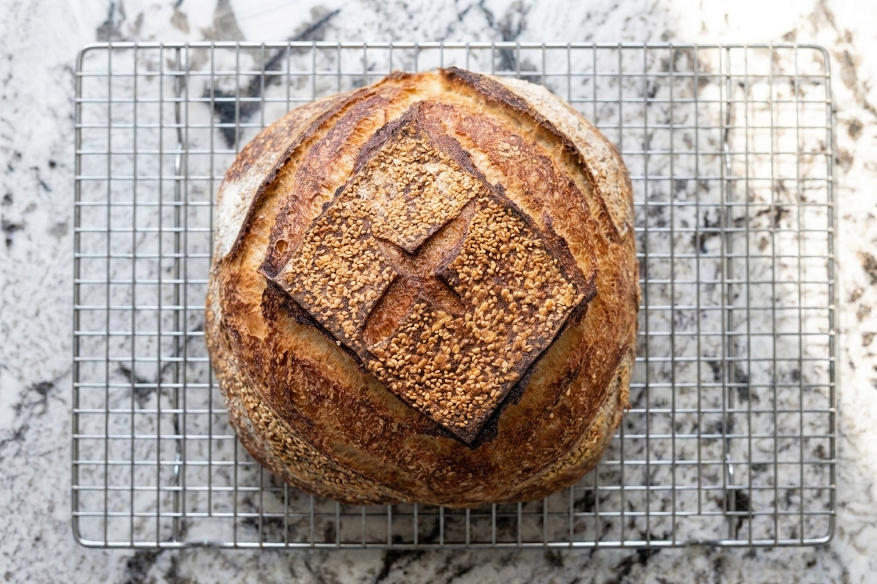 A baked sourdough boule with a sesame seed crust cooling on a wire rack