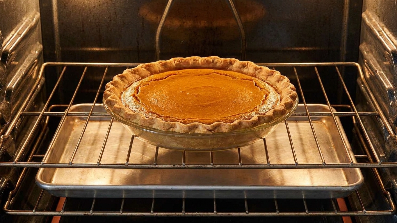 A baked sweet potato pie on the middle oven rack with a sheet pan underneath, the filling slightly puffed at the edges