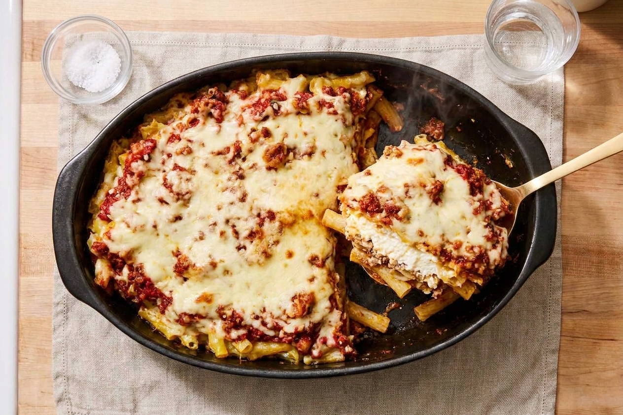 A baked ziti casserole sliced after resting, showing a creamy ricotta layer between sauced pasta and melted cheese