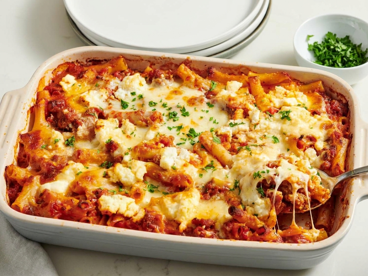 A baked ziti casserole with sauce bubbling at the edges and melted cheese on top
