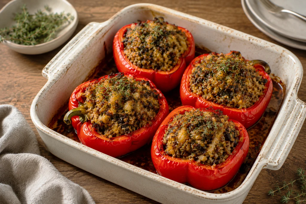 A baking dish filled with colorful bell peppers stuffed with a beef and rice filling, topped with melted cheese and surrounded by tomato sauce