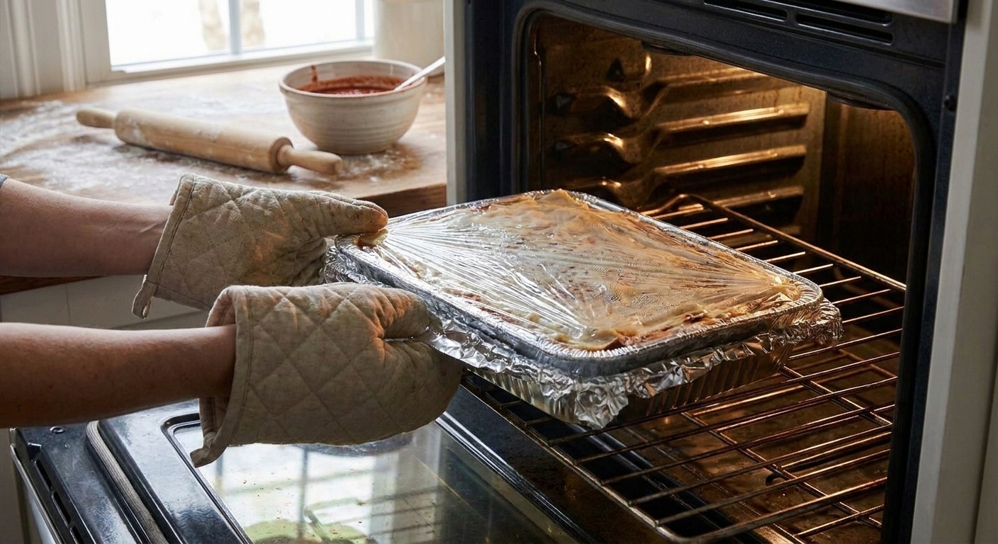 A baking dish of lasagna covered tightly with foil being placed into an oven