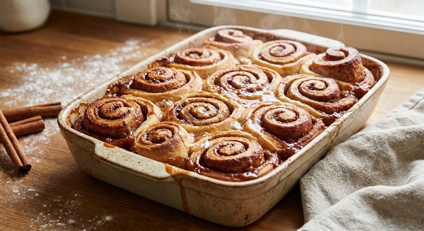A baking pan of cinnamon rolls just pulled from the oven, golden on top with glossy cinnamon filling