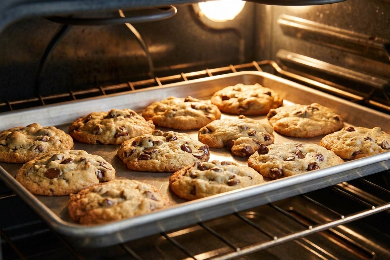 A baking sheet of chocolate chip cookies mid-bake in an oven, with edges setting and centers still soft