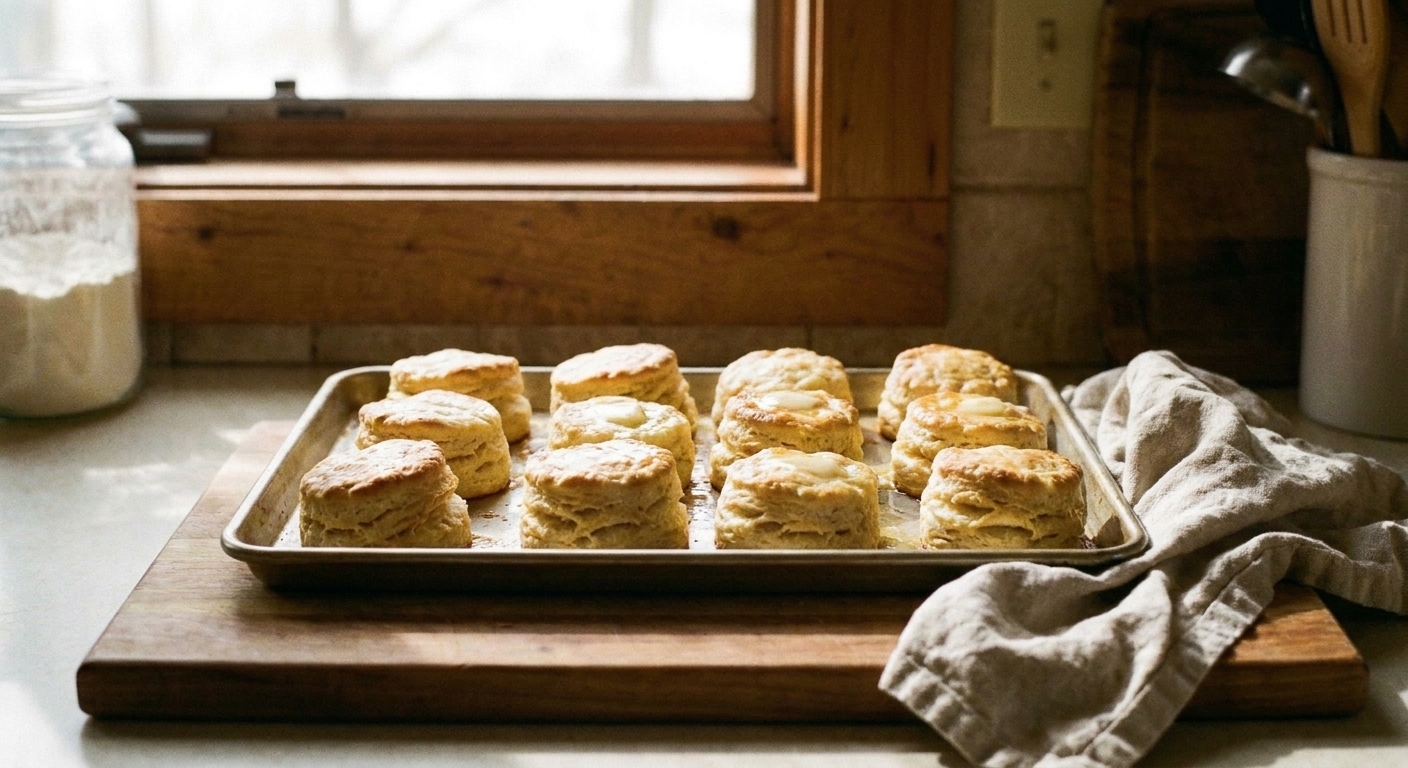 A baking sheet of golden, flaky biscuits cooling on a kitchen counter with a linen towel nearby