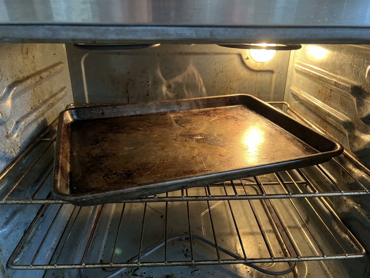 A bare metal sheet pan heating on the middle rack of an oven with the oven light on
