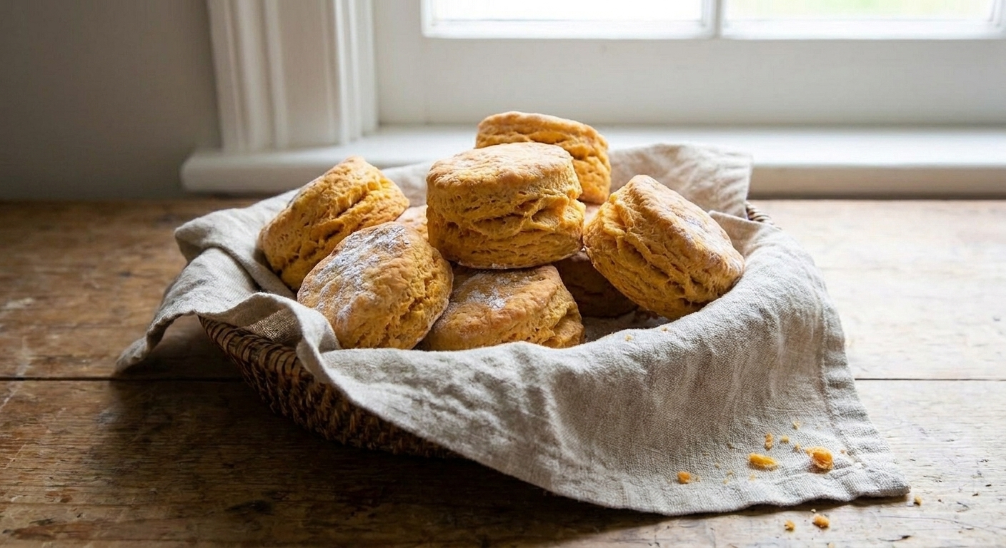 A basket lined with a linen napkin holding tall, flaky sweet potato biscuits with visible layers and lightly browned tops on a wooden table