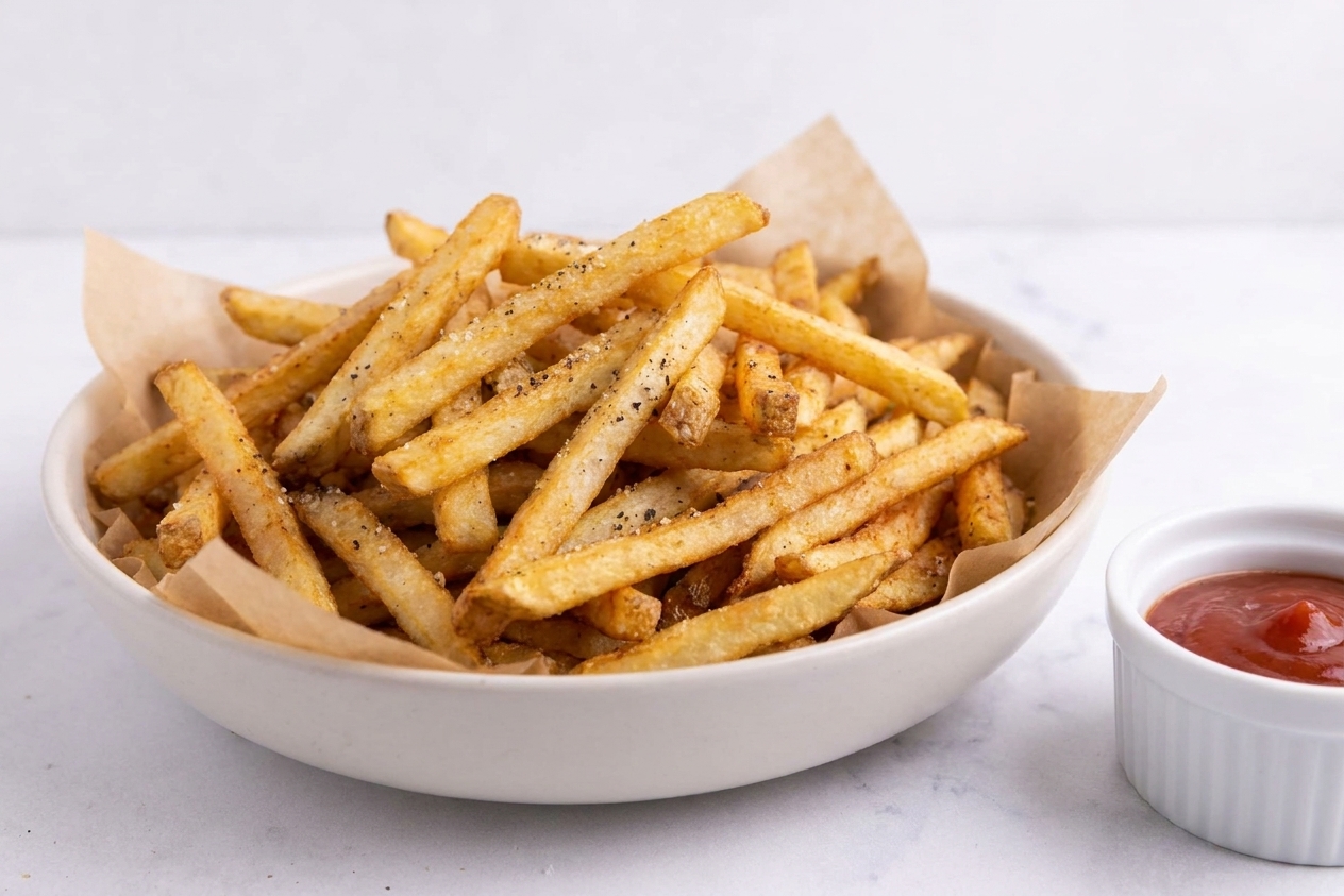 A basket of golden, hand-cut air fryer French fries piled in a paper-lined bowl on a kitchen counter, with visible crisp edges and a small ramekin of ketchup nearby