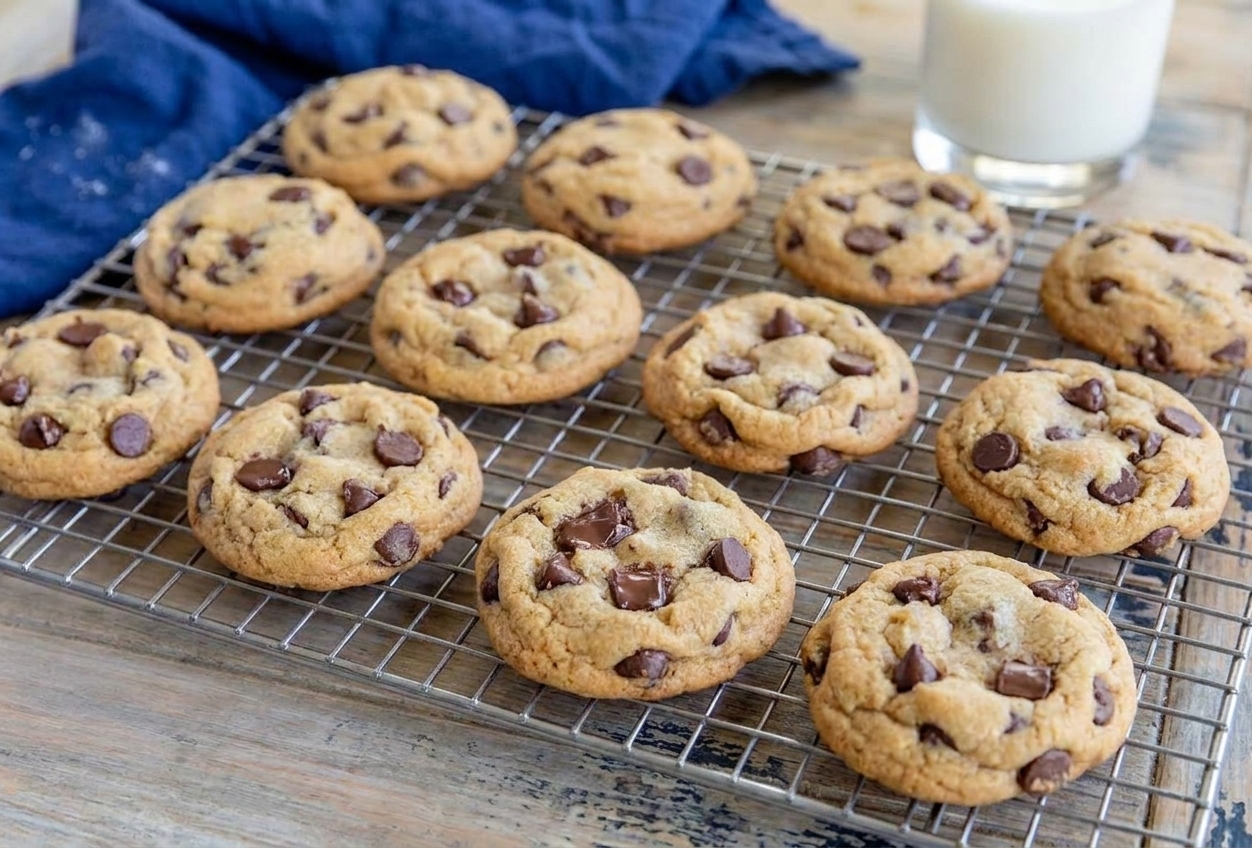 A batch of freshly baked cookies cooling on a wire rack with a kitchen towel in the background