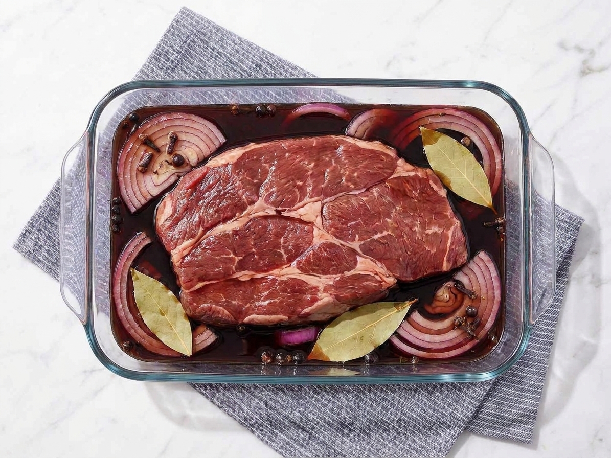 A beef chuck roast submerged in a dark vinegar and wine marinade with sliced onions and bay leaves in a glass container