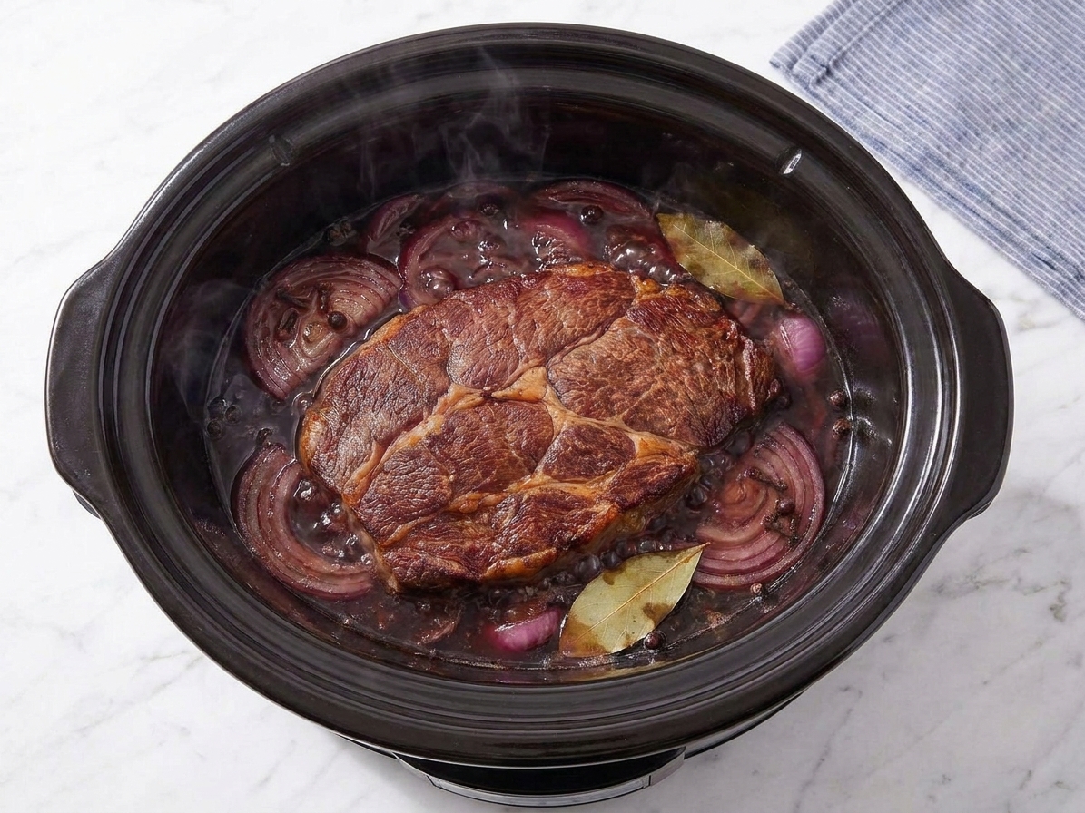 A beef roast braising in a slow cooker with onions and dark tangy liquid