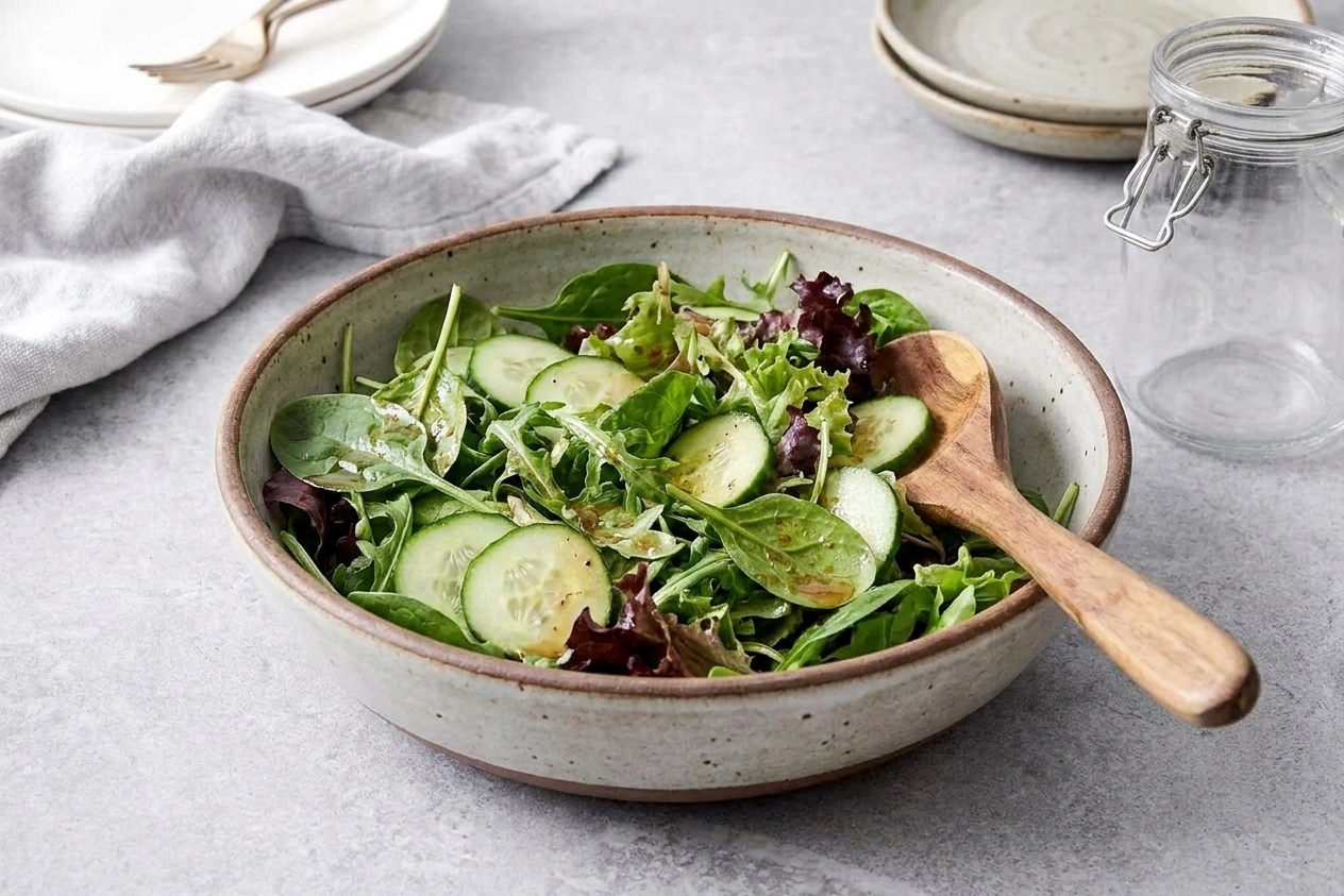 A big bowl of mixed greens and sliced cucumbers lightly coated in balsamic vinaigrette with a wooden salad spoon