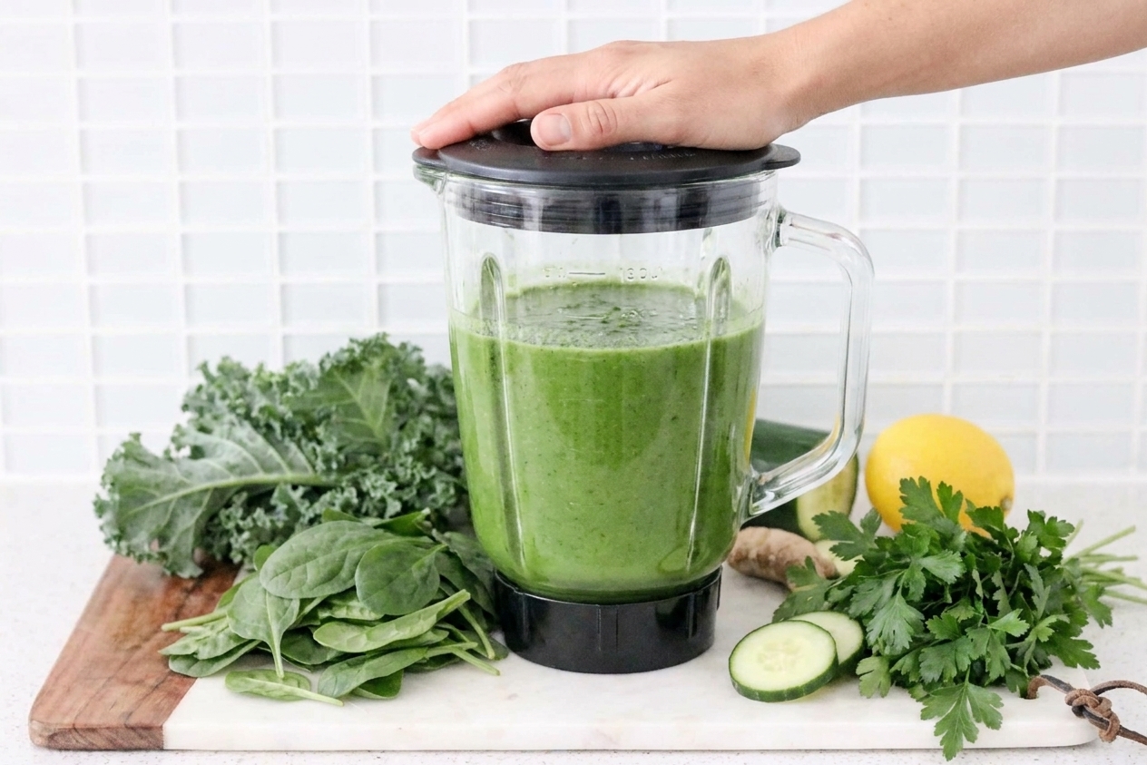 A blender jar filled with bright green blended juice on a kitchen counter, with a hand holding the lid in place
