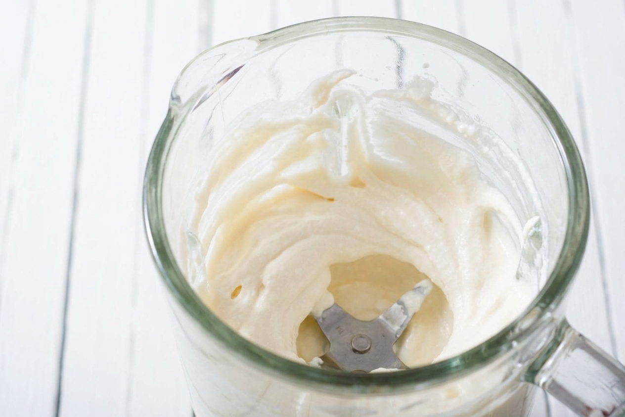 A blender jar filled with cottage cheese that has been blended until smooth, with a thick, creamy texture visible on the sides