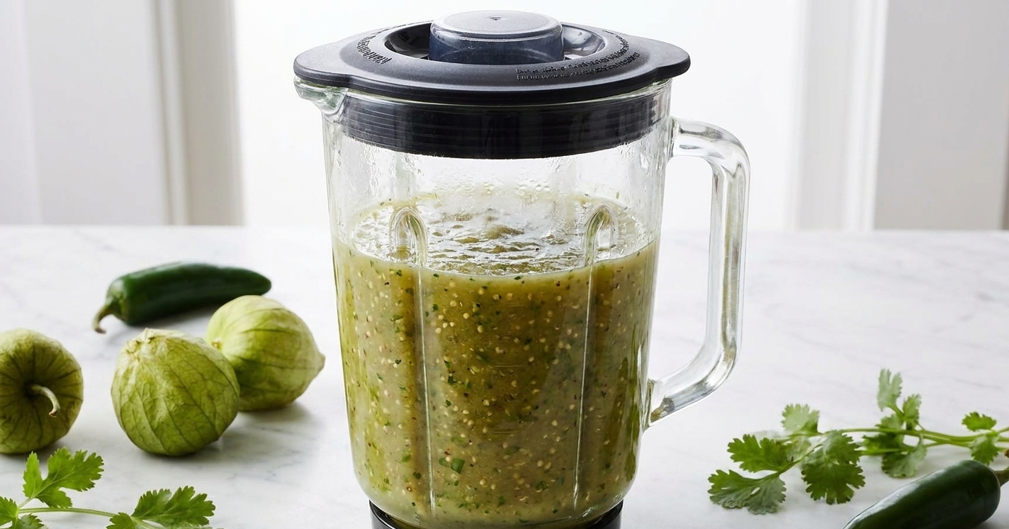 A blender jar filled with warm green tomatillo sauce on a kitchen counter, lid on and ready to blend