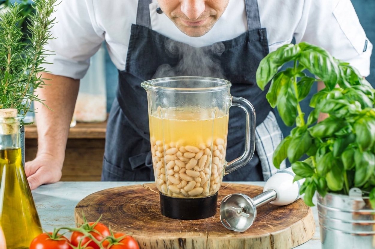 A blender jar filled with white beans and hot broth, ready to be blended into a smooth puree