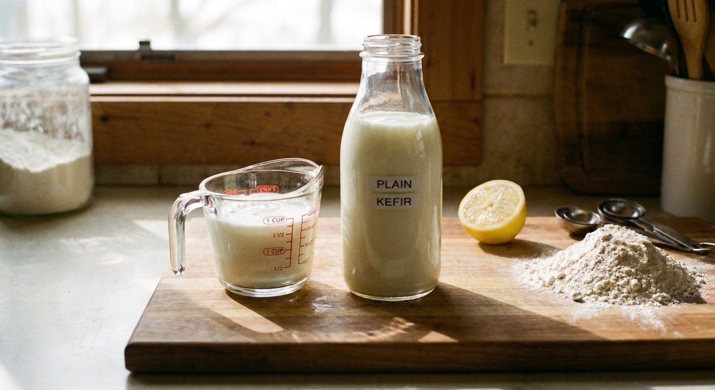 A bottle of plain kefir beside a filled measuring cup on a bright kitchen counter