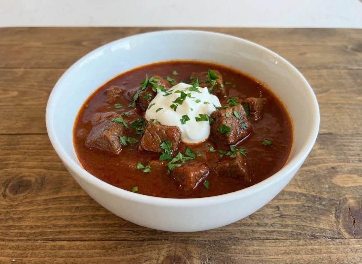 A bowl of Hungarian beef goulash with tender beef chunks in a deep red paprika gravy, topped with a spoonful of sour cream and chopped parsley on a wooden table
