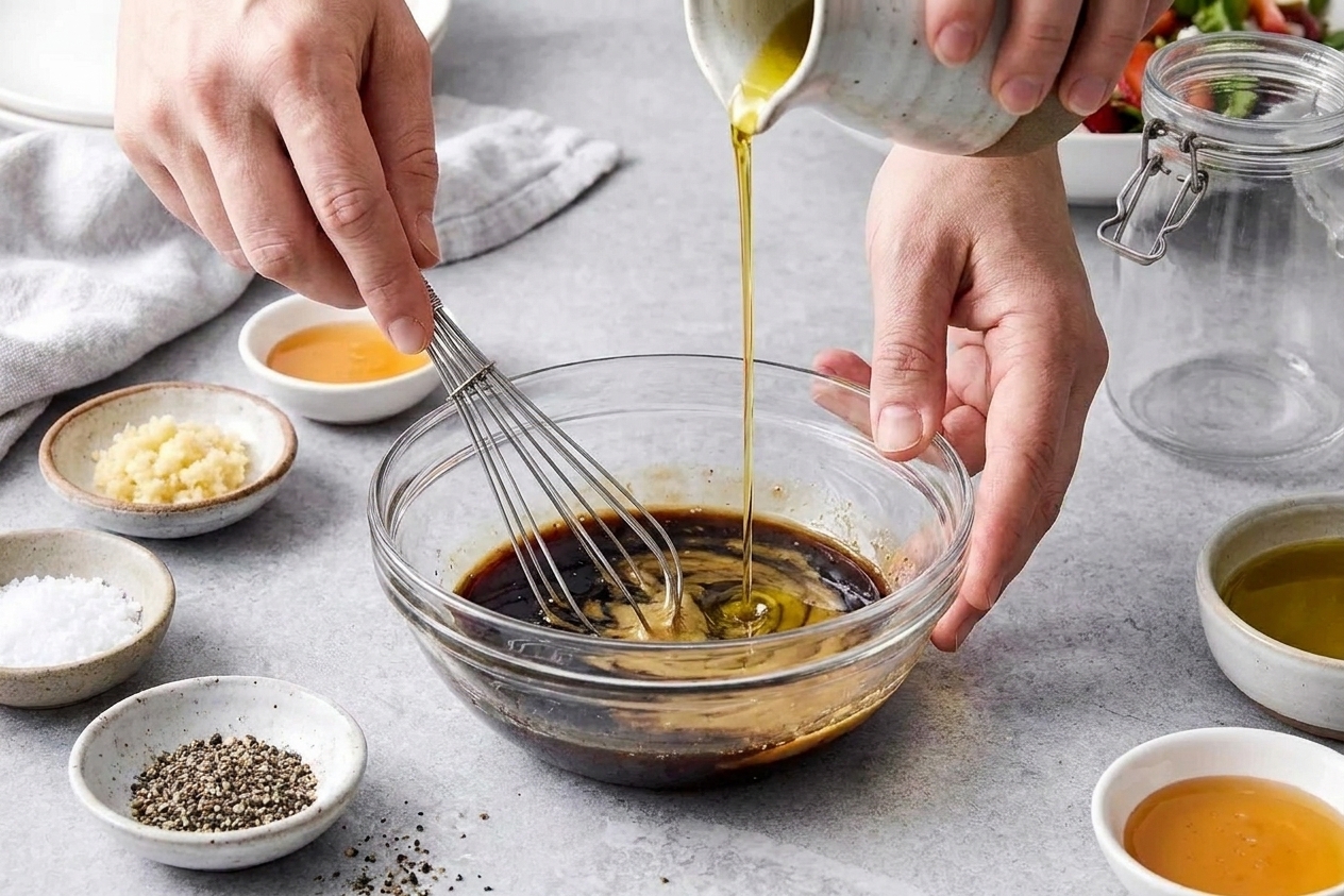 A bowl of balsamic vinegar and Dijon being whisked while olive oil is poured in a thin stream, turning the mixture glossy and slightly thick