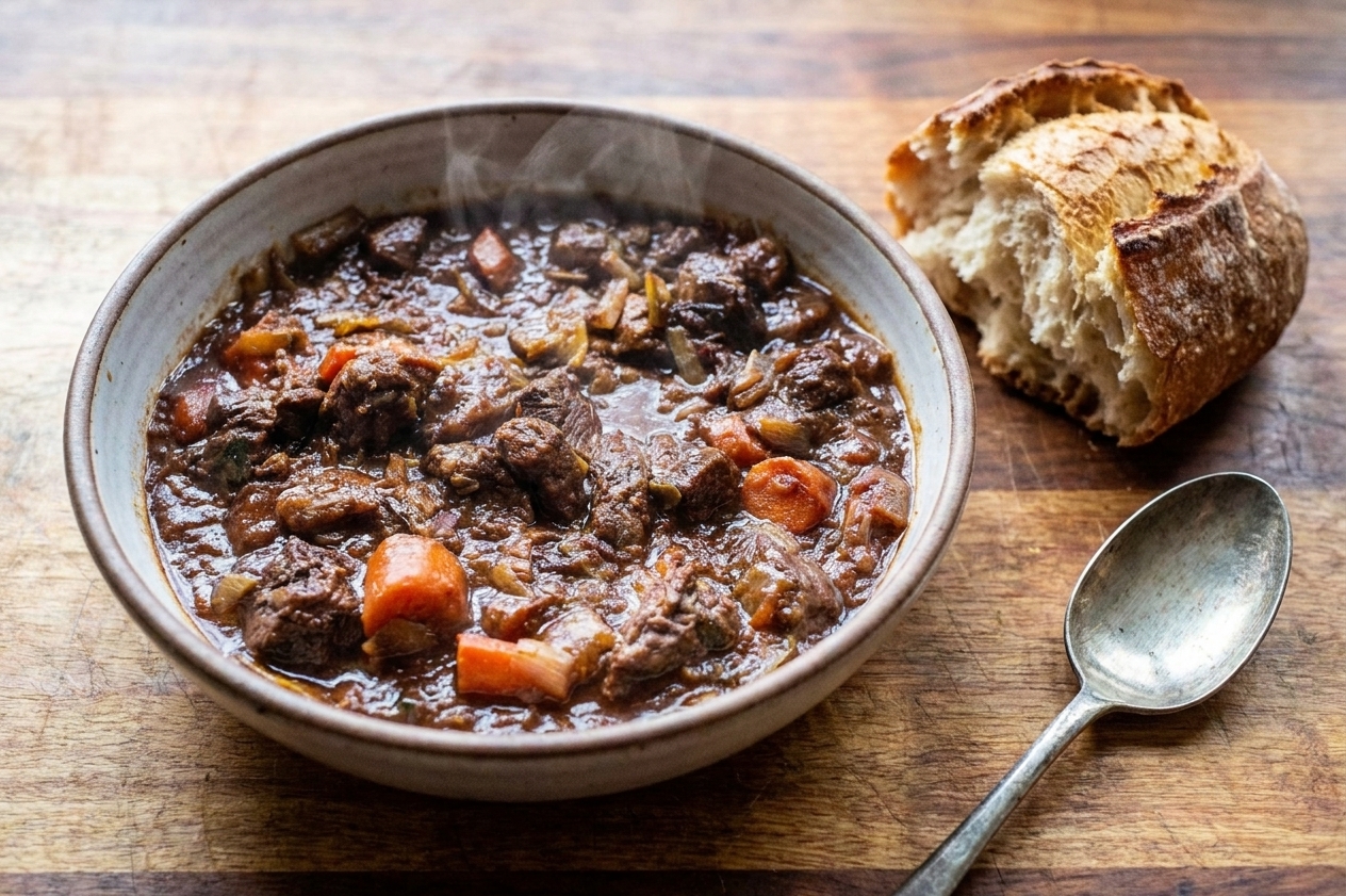 A bowl of beef stew on a wooden table with a piece of crusty bread and a spoon beside it, steam rising from the bowl