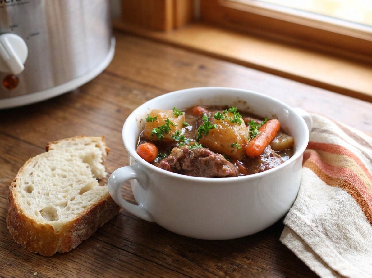 A bowl of beef stew served with a crusty piece of bread on a cozy dinner table with a linen napkin