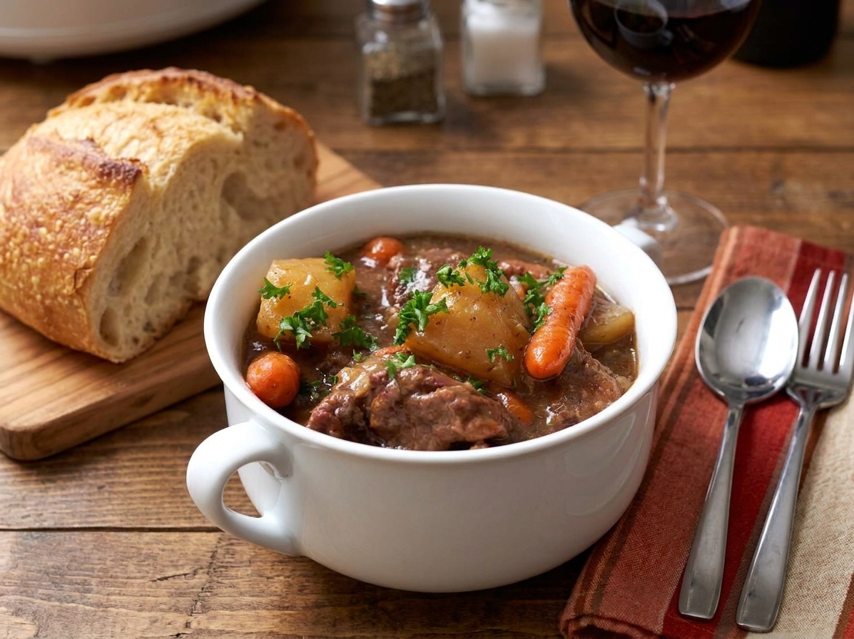 A bowl of beef stew served with a piece of crusty bread on the side on a simple weeknight dinner table