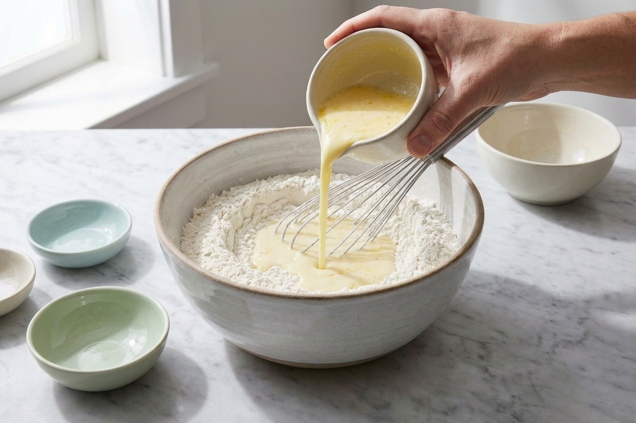 A bowl of buttermilk and egg mixture being poured into a bowl of dry ingredients for pancake batter