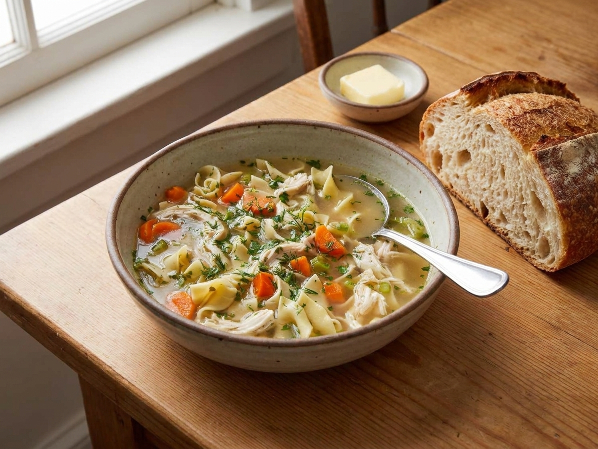 A bowl of chicken noodle soup served with a piece of crusty bread and a small dish of butter on a simple table setting