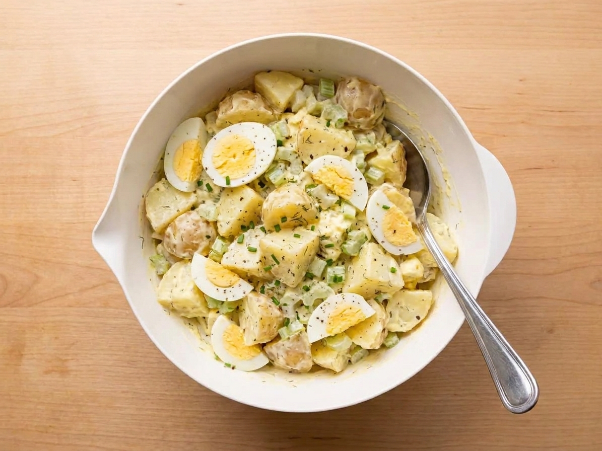 A bowl of classic potato salad made with Yukon Gold potatoes, sliced hard-boiled eggs, celery, and a creamy dressing on a simple kitchen table