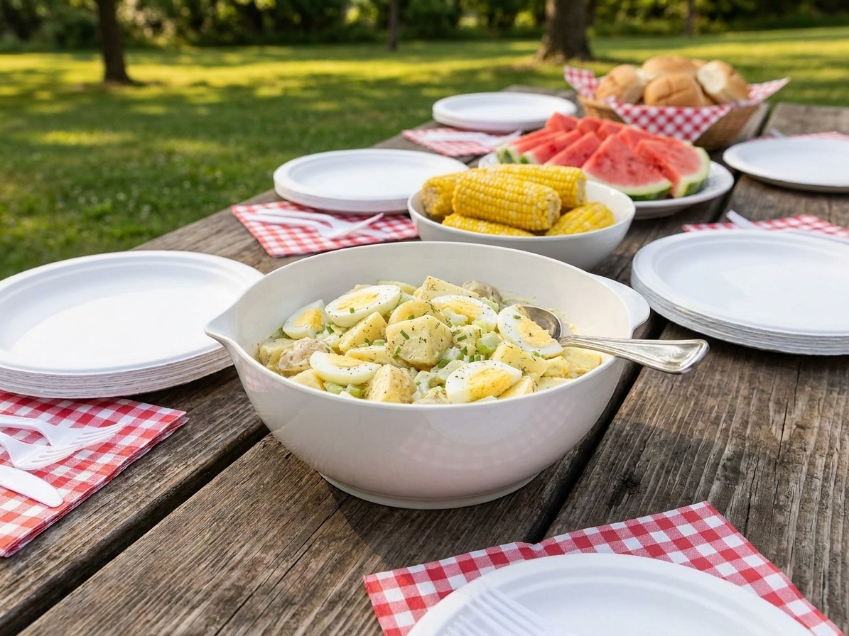 A bowl of classic potato salad on a picnic table with plates, napkins, and simple summer side dishes
