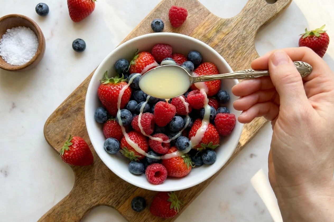 A bowl of fresh mixed berries on a wooden table with a spoon drizzling a thin ribbon of brightened condensed milk over the top