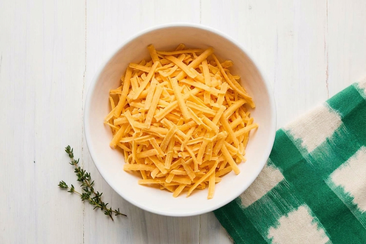 A bowl of freshly shredded sharp cheddar cheese on a kitchen counter