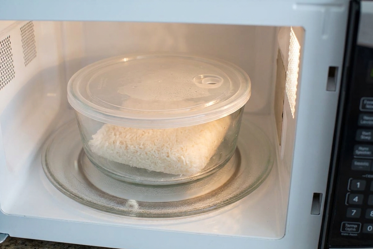 A bowl of frozen cooked rice in a microwave with a fitted lid, ready to be reheated with steam