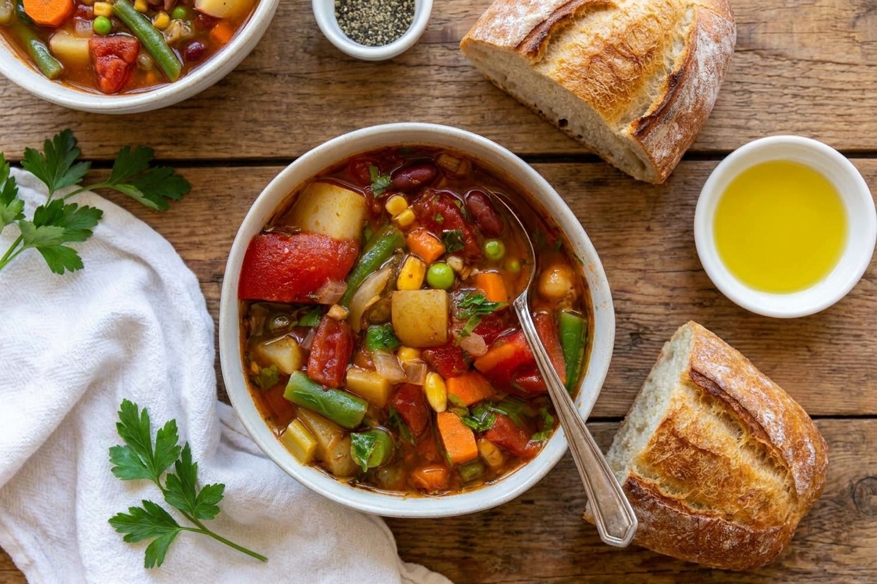 A bowl of hearty vegetable soup served with a slice of crusty bread and a small dish of olive oil on a cozy dinner table
