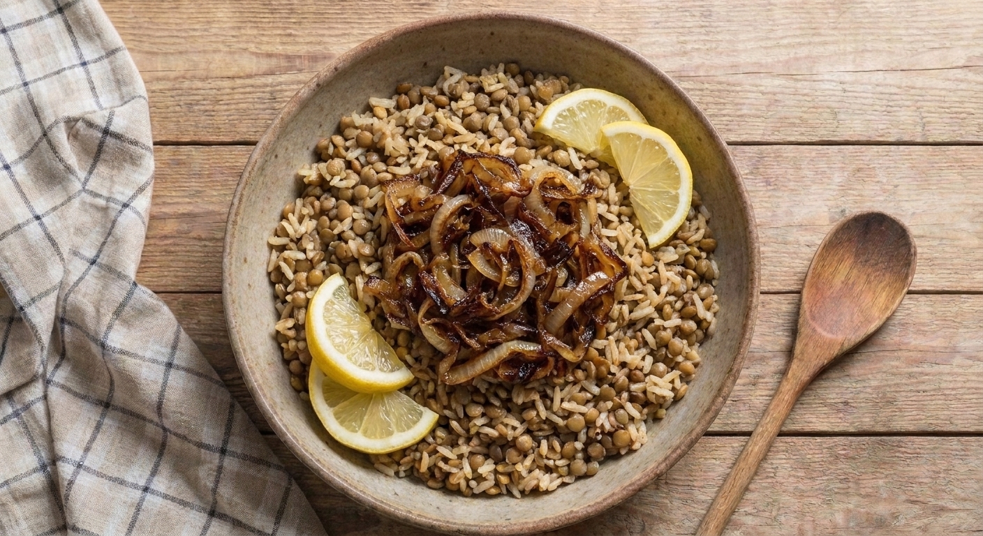 A bowl of lentil rice topped with deeply browned caramelized onions and lemon wedges