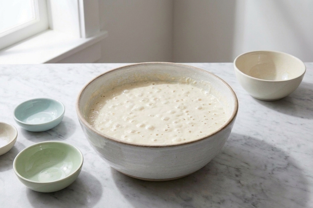 A bowl of pancake batter resting with small bubbles forming across the surface