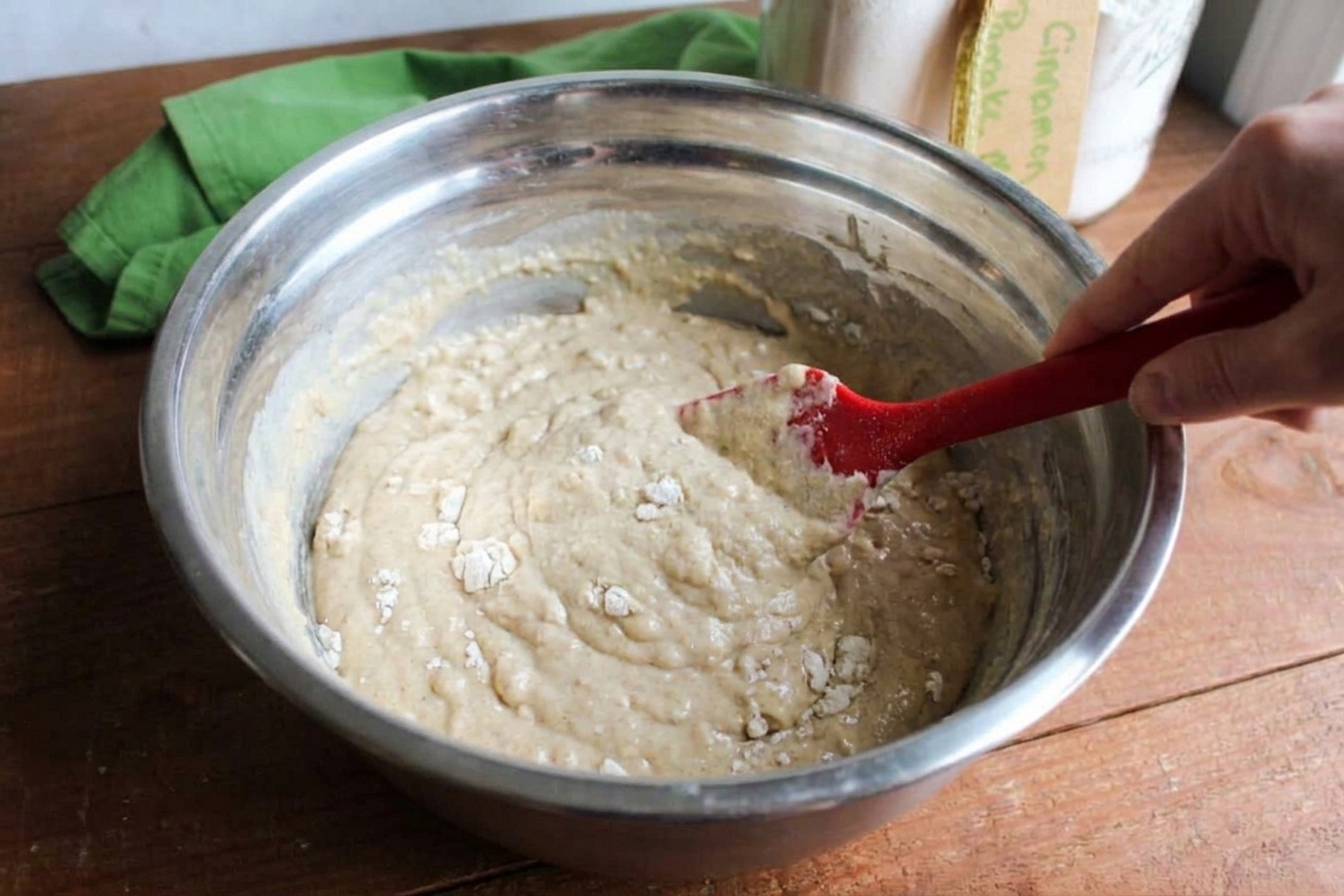 A bowl of pancake batter with visible small lumps and a silicone spatula resting inside
