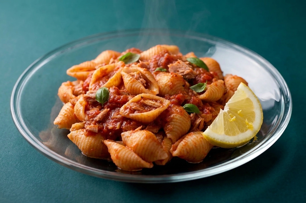 A bowl of pasta coated in tomato sauce with visible flakes of tuna and a lemon wedge on the side