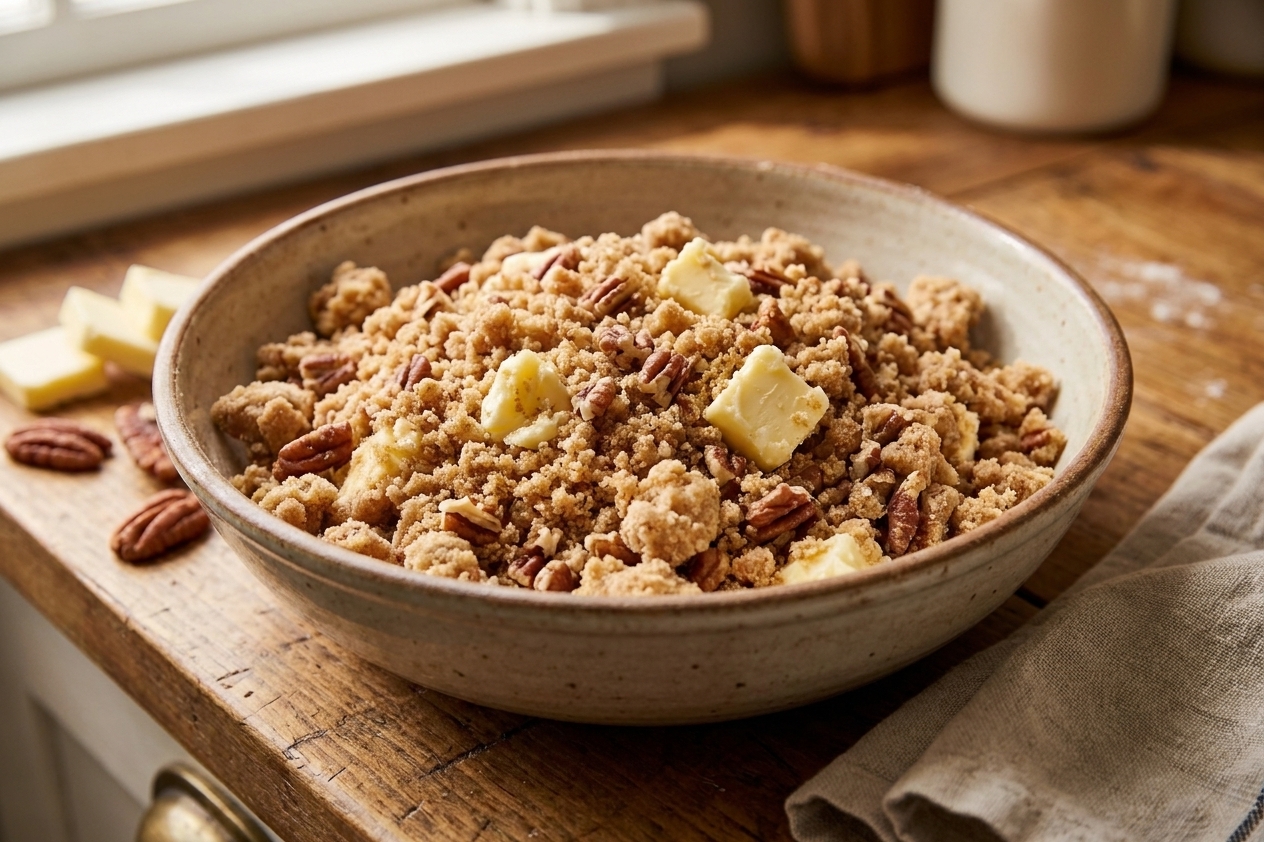 A bowl of pecan streusel with visible butter clumps and chopped pecans, photographed on a kitchen counter